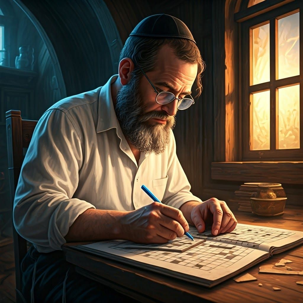 Hassidic Man Solving Puzzles in Fantasy Art Style