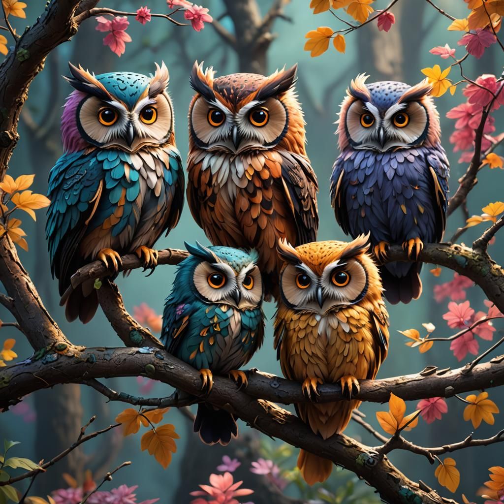 3 cute colorful fluffy owls sitting on a branch.