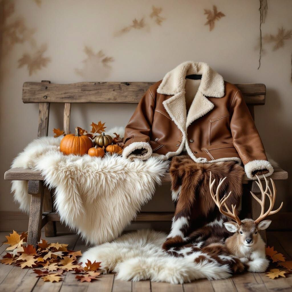 A warm, cozy fall scene featuring a cowhide jacket, soft sheepskins, and reindeer hides arranged beautifully in a rustic yet elegant setting...