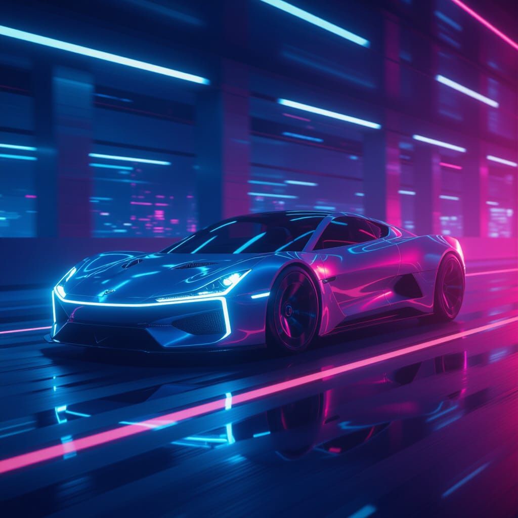 Sleek Vehicle Speeding in a Futuristic Neon Landscape