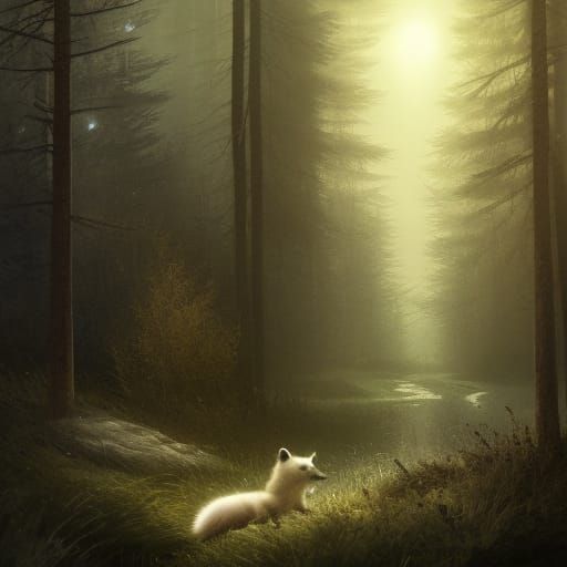 A small baby arctic fox wandering a forest at night