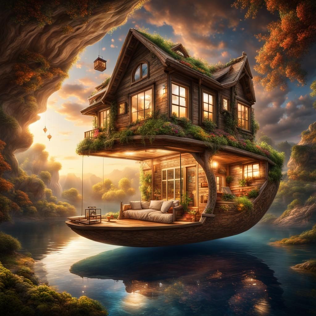 "Let your creativity shine as you craft a mesmerizing artwork showcasing 'home' as a floating oasis amidst ...  by @A-I-ARTIST