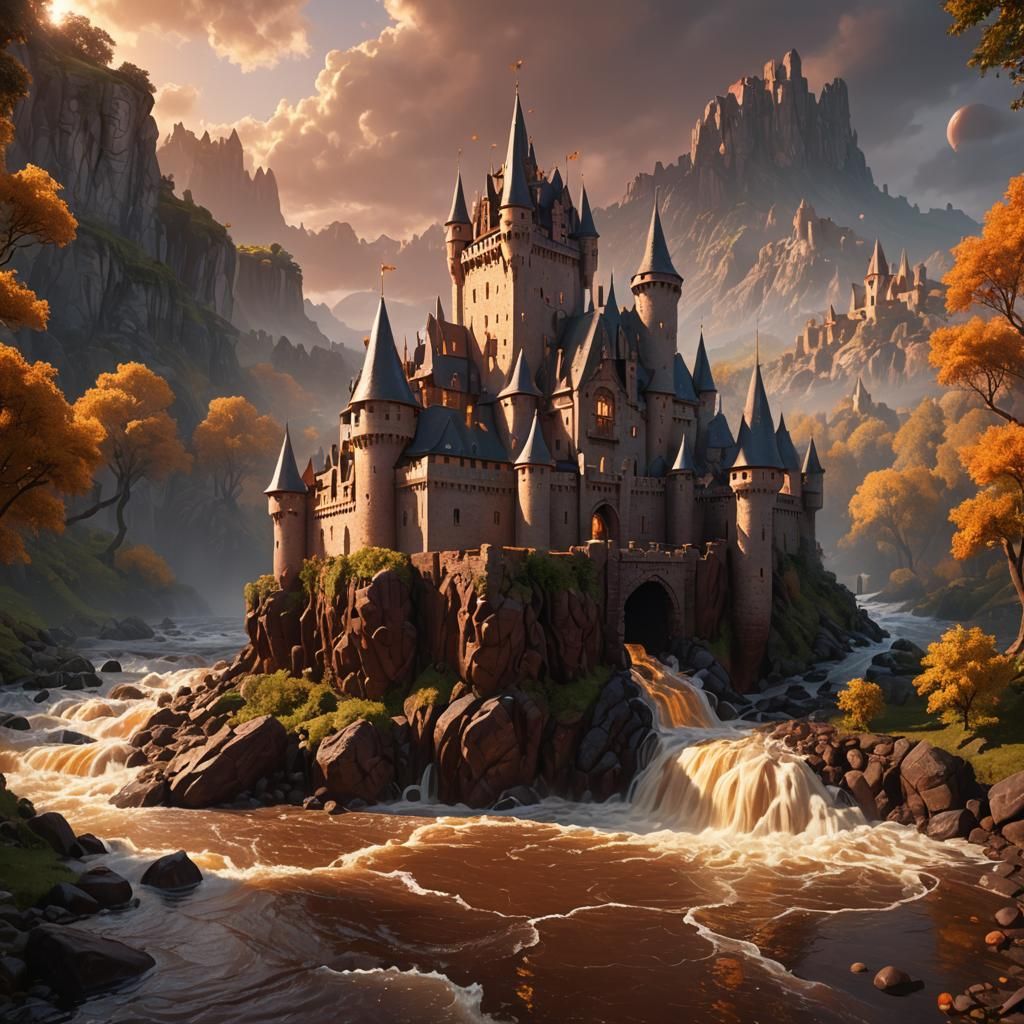 Chocolate River Flows Over Fantasy Castle