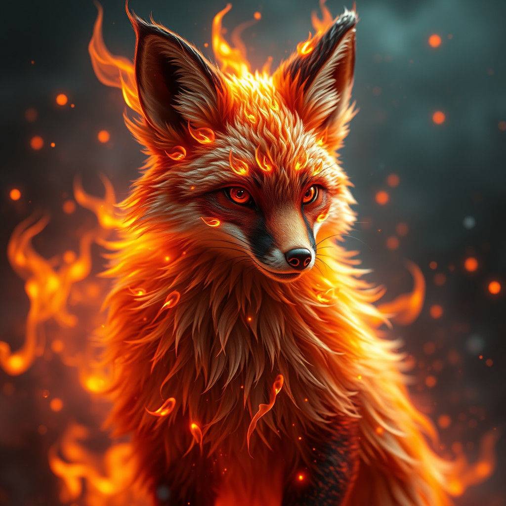 Fire fox kit, perfect fox kit made of fire, Artgerm, WLOP, Alphonse Mucha dynamic lighting hyperdetailed ...  by @jnatas