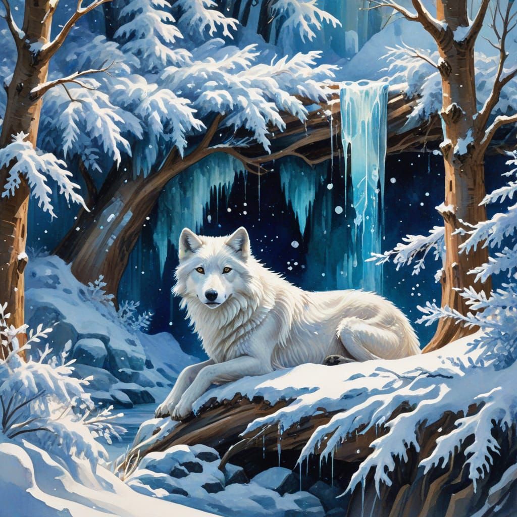 Cozy Winter Scene with Wolf in Gouache Style