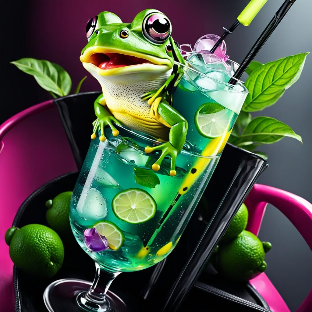 cute colorful frog sitting a mixed drink of emo lemonade