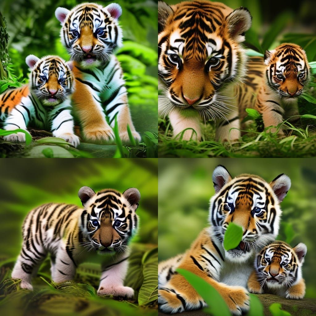 baby whit tiger cub in the  green jungle intricate details, ...