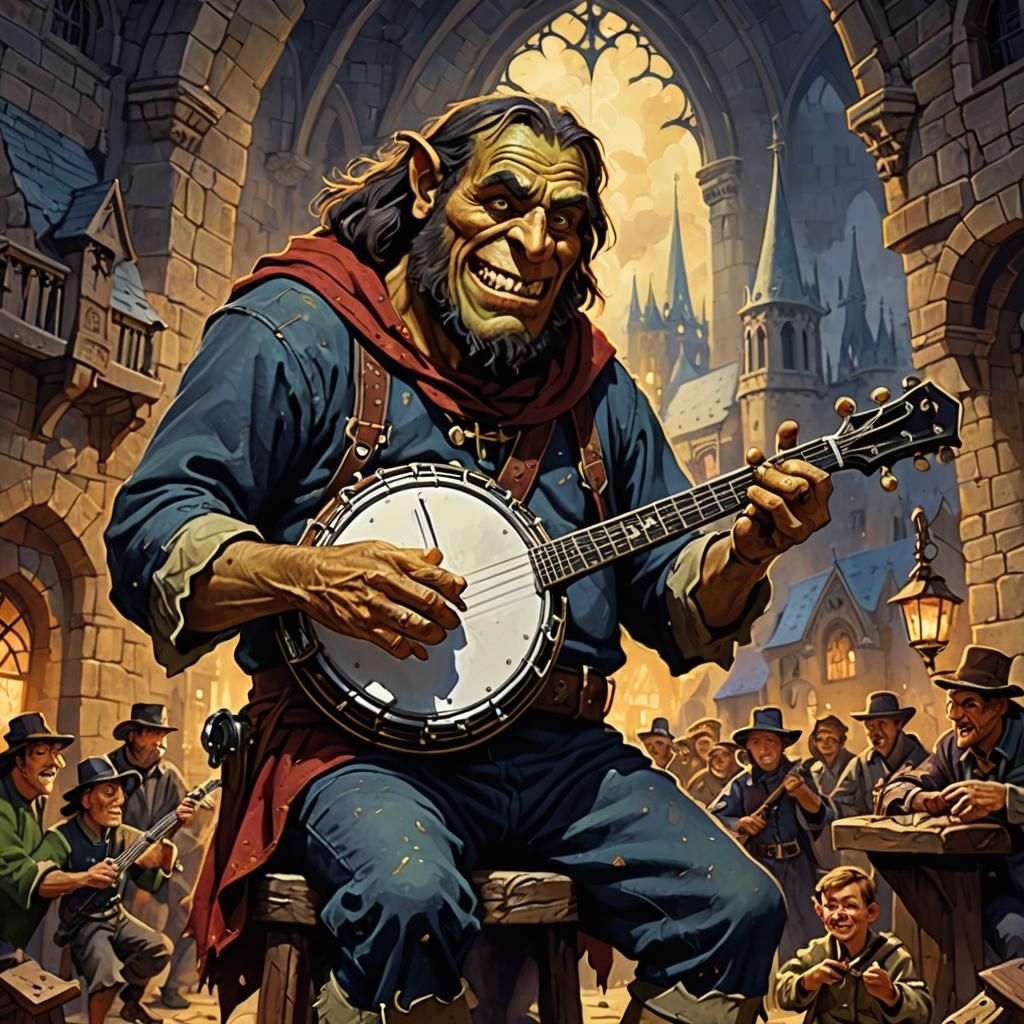 The Hunchback of Notre Dame playing a banjo