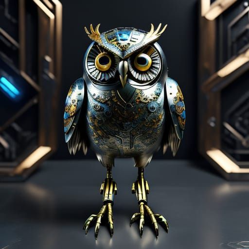 Metal Owl Artwork with Intricate Sci-Fi Details