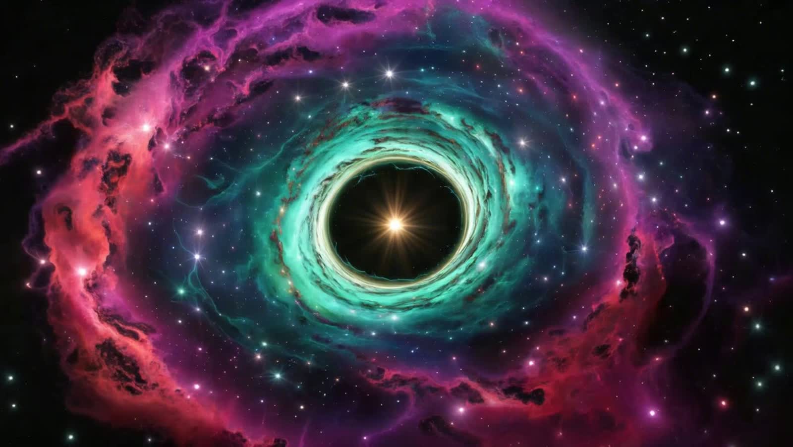 A swirling cosmic vortex of iridescent nebulae, with vibrant hues of magenta and teal, dotted with glowing stars and a d...
