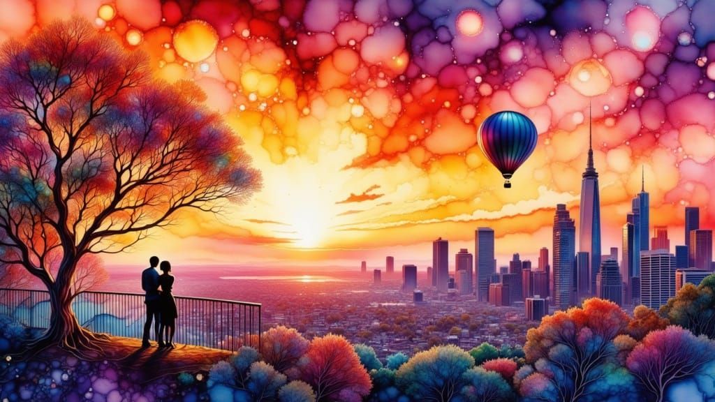 Melbourne Sunset Watercolor Skyline View