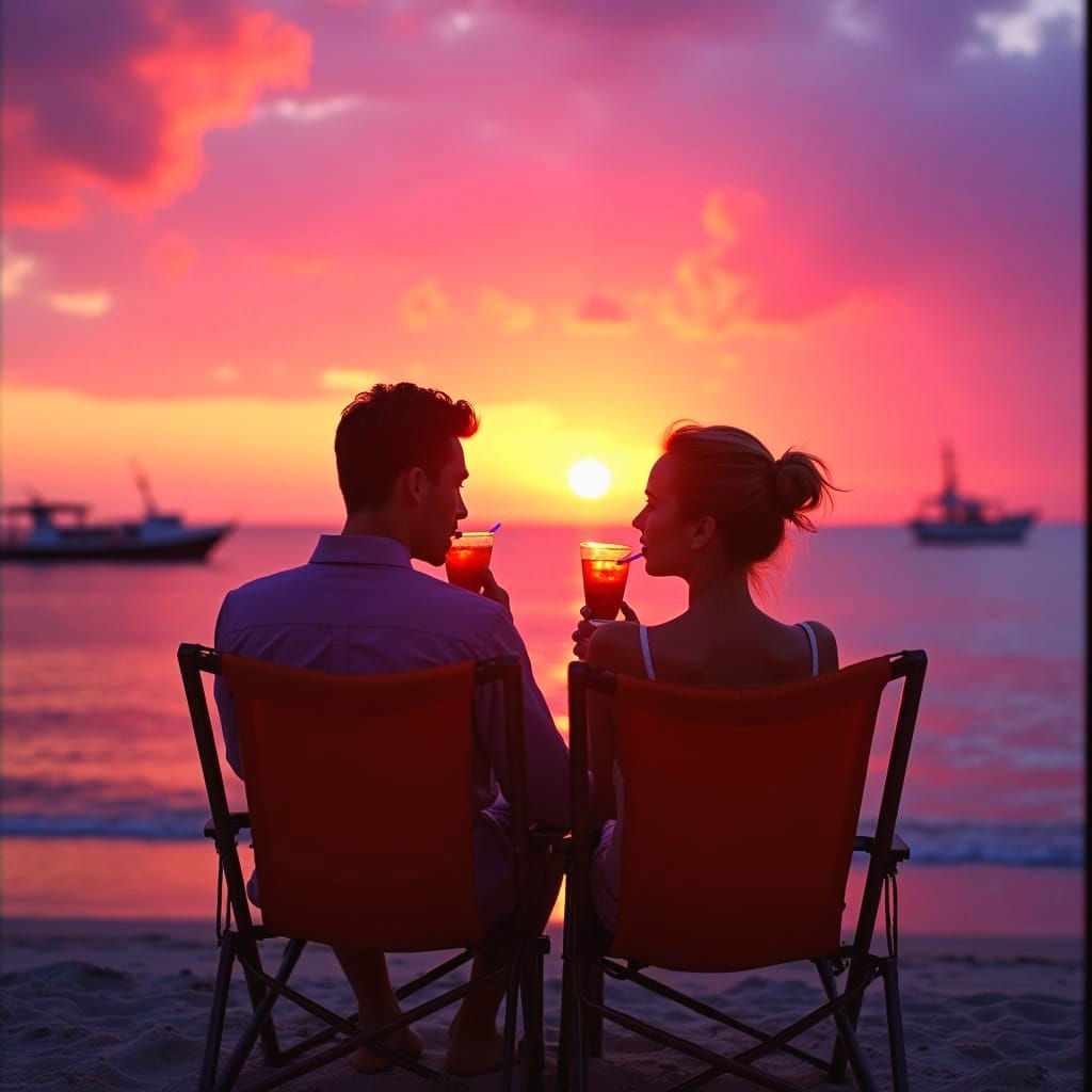 Vibrant Sunset Beach Scene with Eggplant Friends