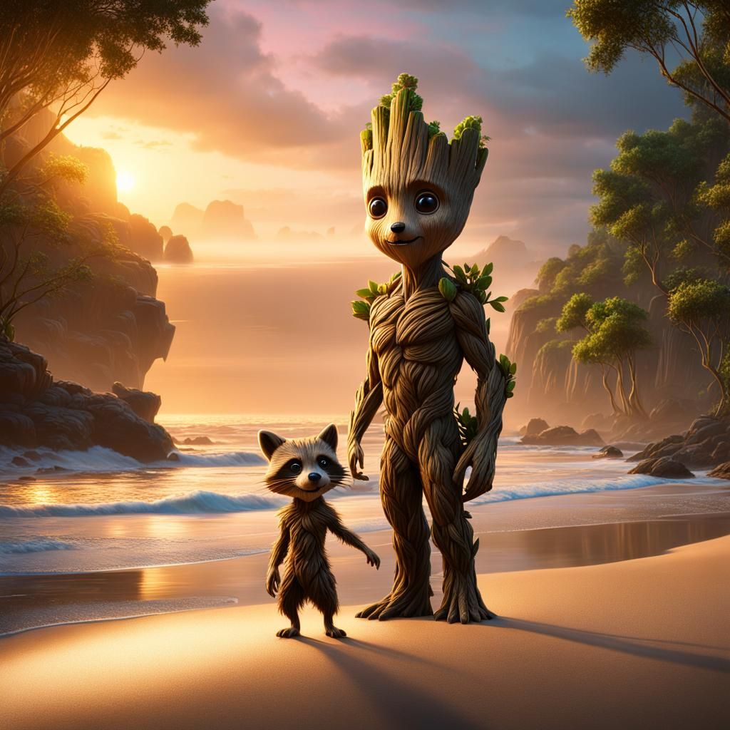 Groot along with the raccoon walked on a beach surrounded by...