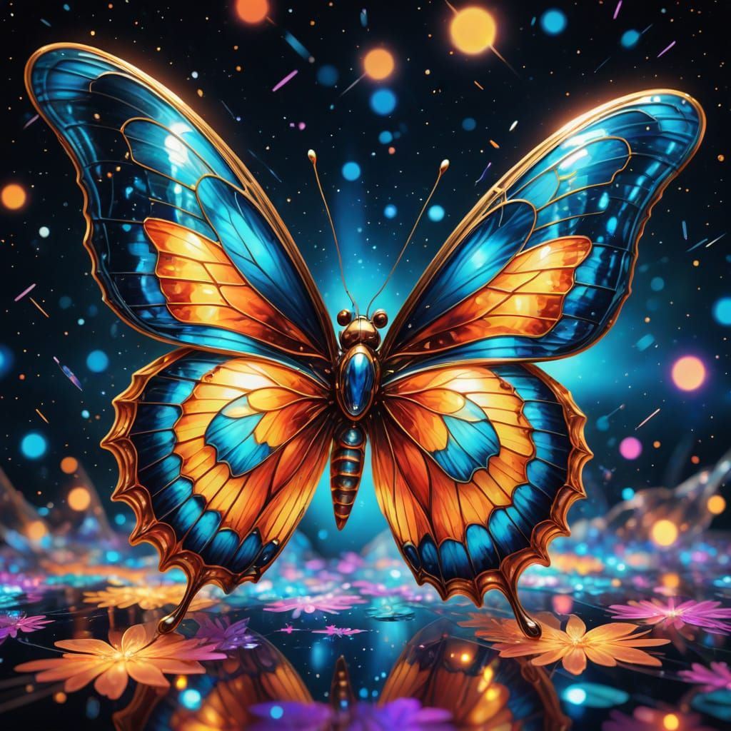 Vibrant Cosmic Glass Butterfly in Holographic Aesthetic