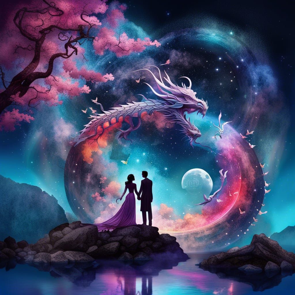 Cosmic Dragon Couple Under a Magical Moon