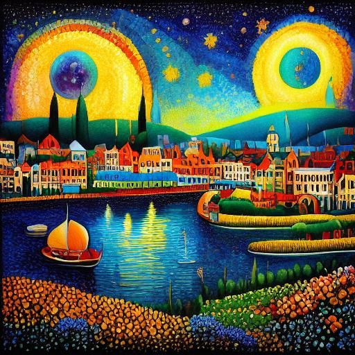 <lora:DarkPointillism15:1.0> Riverside city 