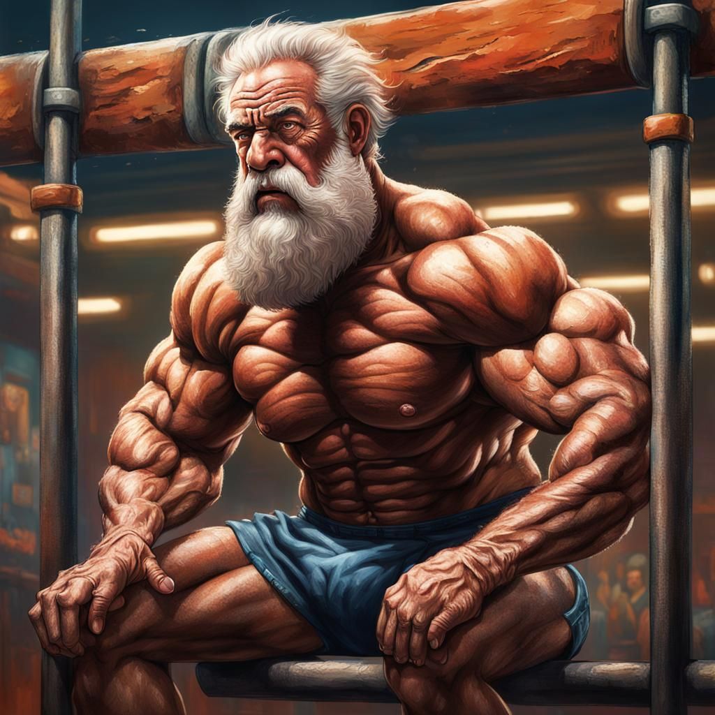granfather, very hairy and big strong muscles Mr.  Olympia l...