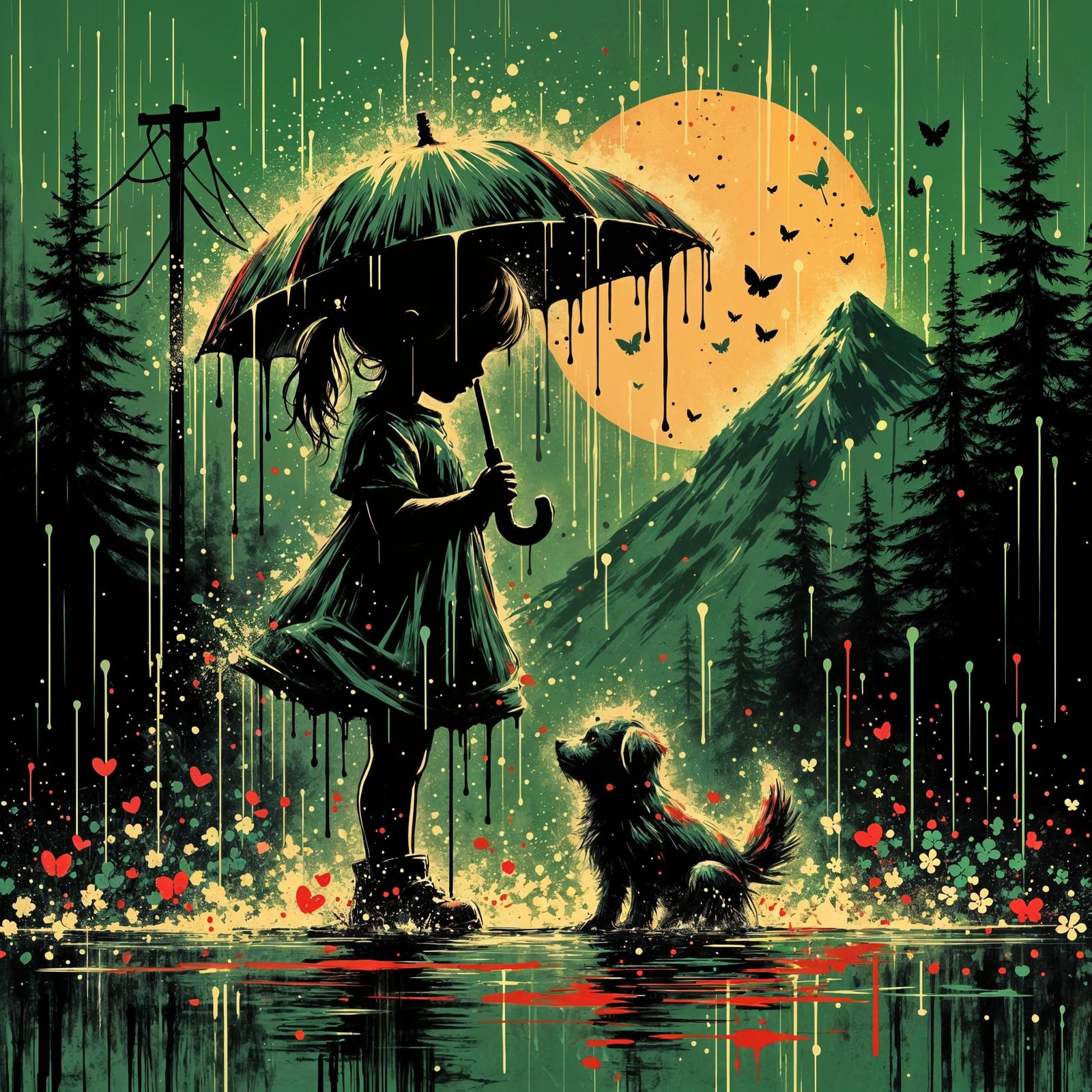 <lora:Splatter Art:1.0> Splattered impasto artwork of a rough outline of silhouette of an adorable little girl with an umbrella splashing in...