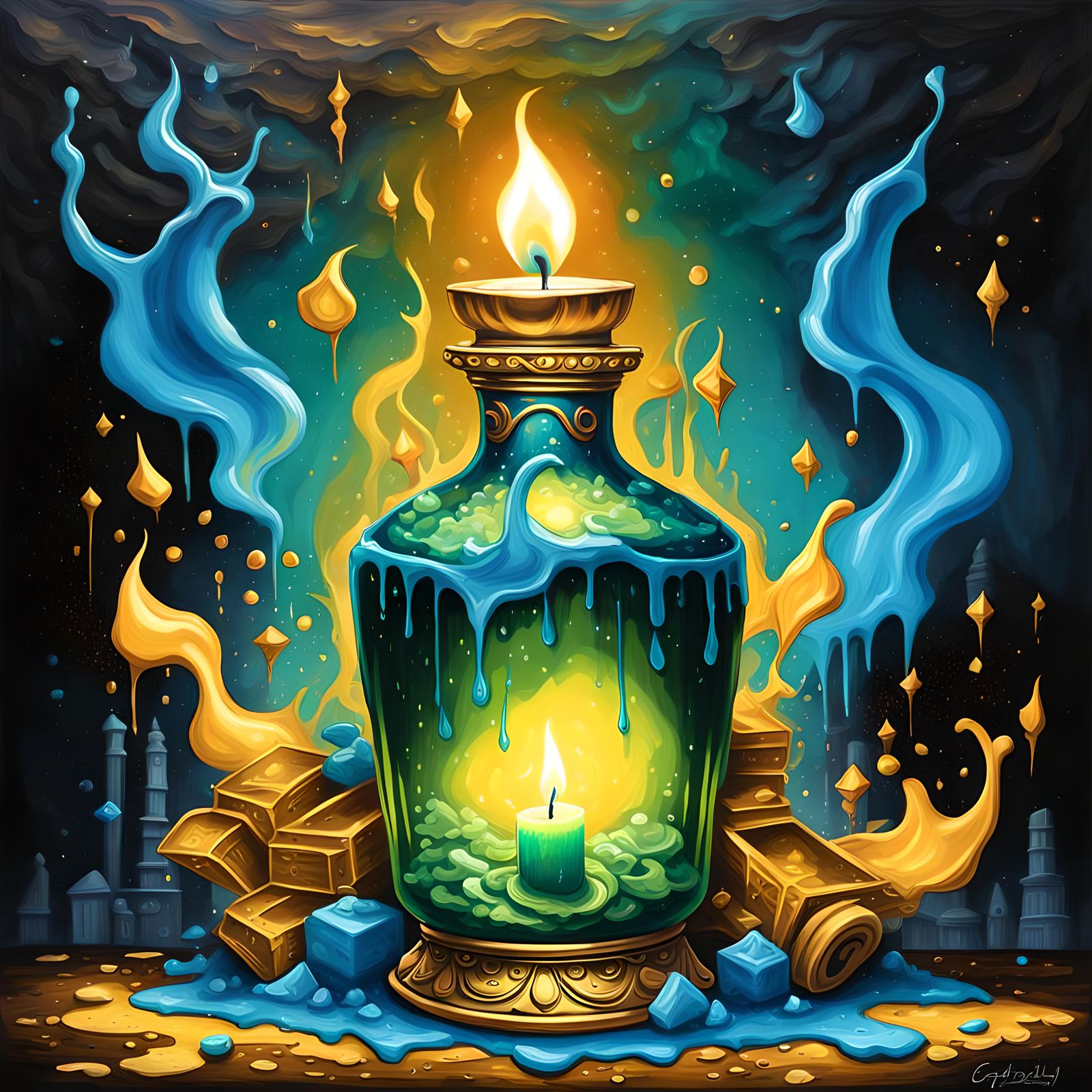 Genie in a bottle. Hues of golden green light, crystallize w...