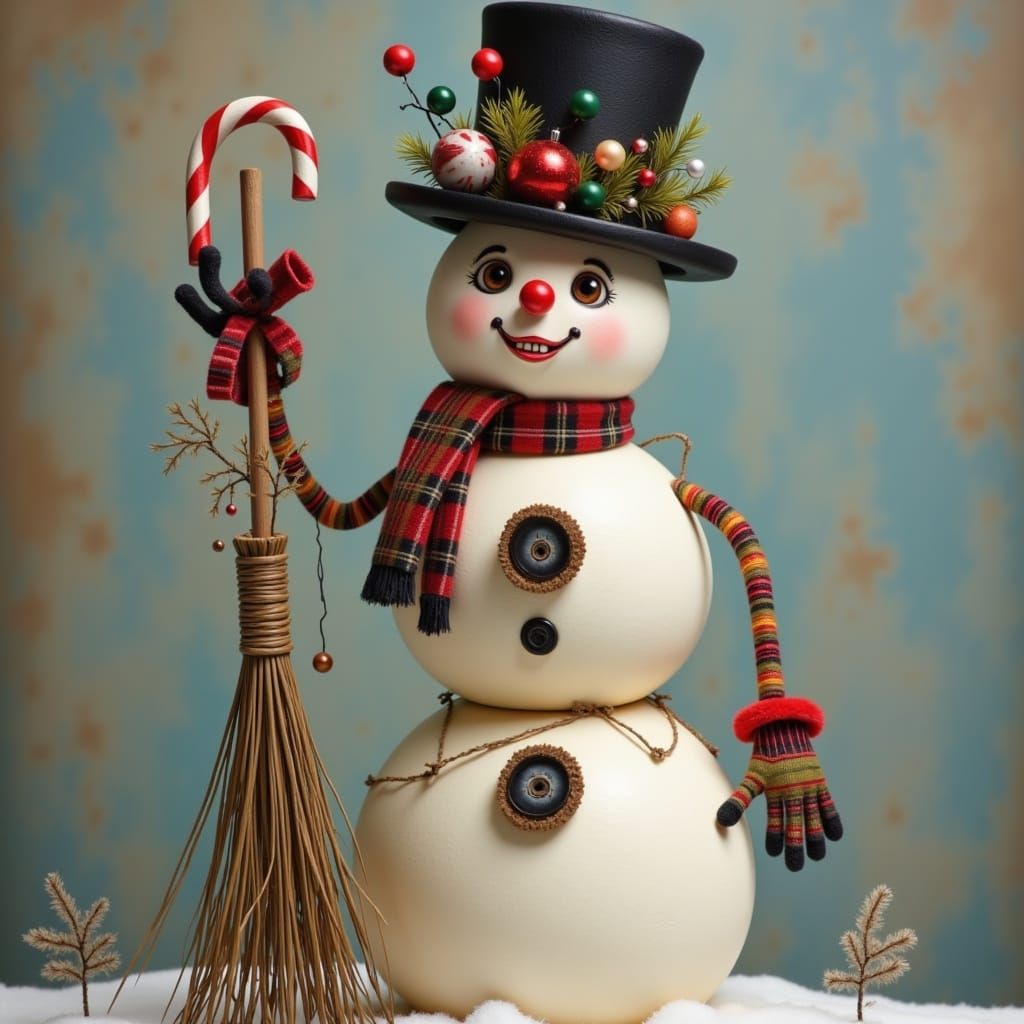 <lora:NICOLETTA  AND MARK:1.0> snowman with three unevenly stacked snowballs, bent candy cane nose and mismatched eyes, one a shiny button a...