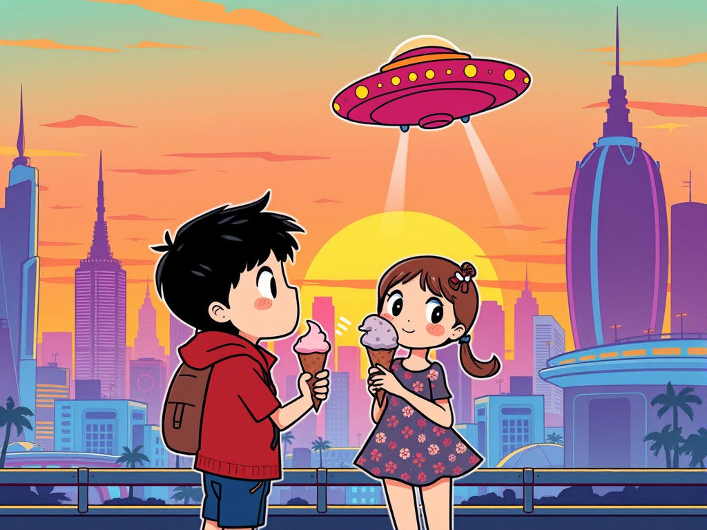 Cartoon Friends See Flying Saucer in Futuristic Cityscape