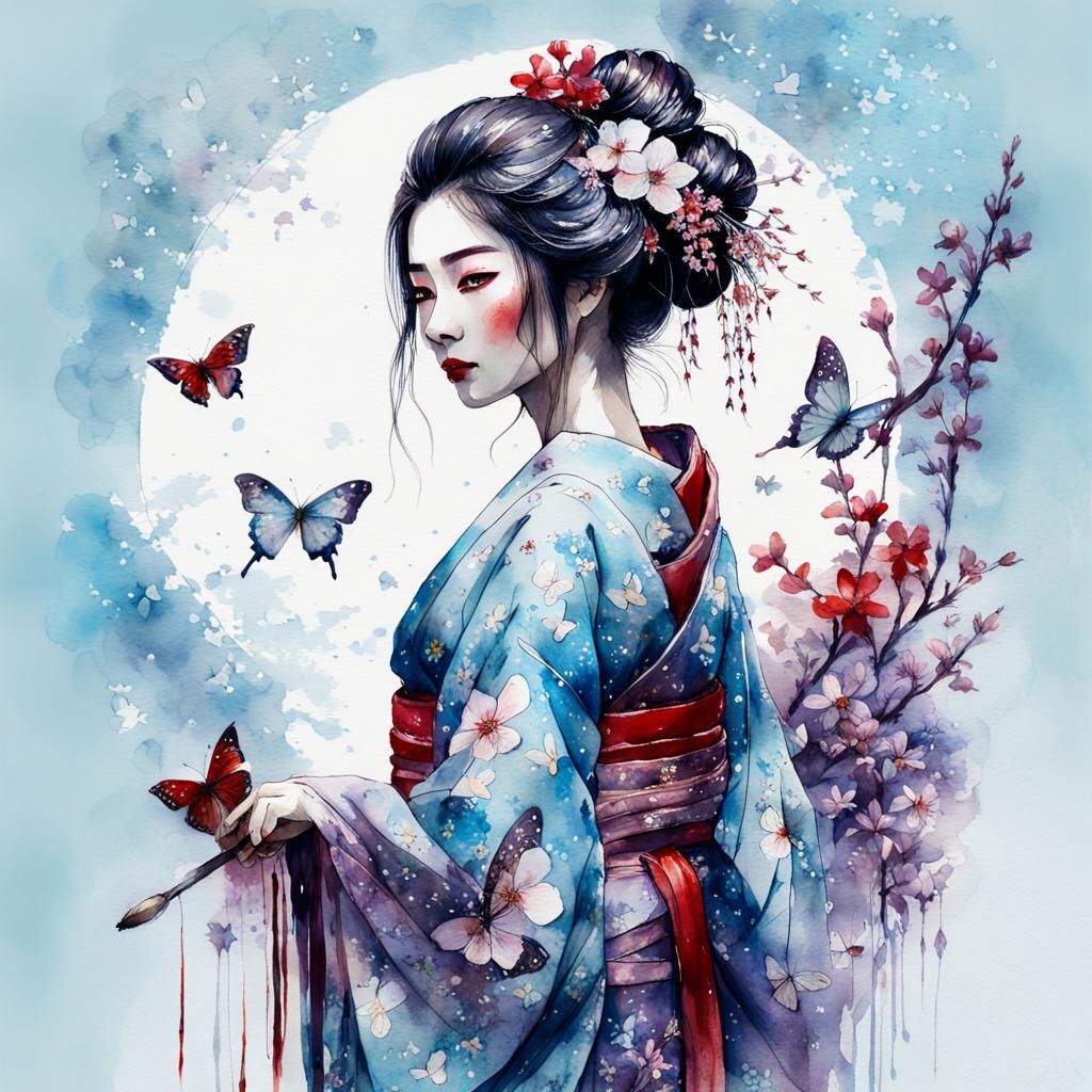 alcohol watercolor portrait of a beautiful geisha back girl full body her light blue and purple, same ...  by @Adu entertainment