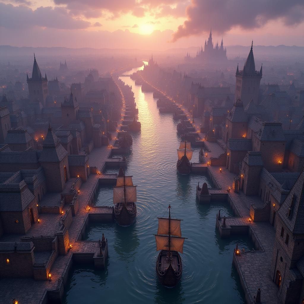 medieval fantasy top-down view battle map, like a photo made strictly vertical. wide river in the city. river port with ...