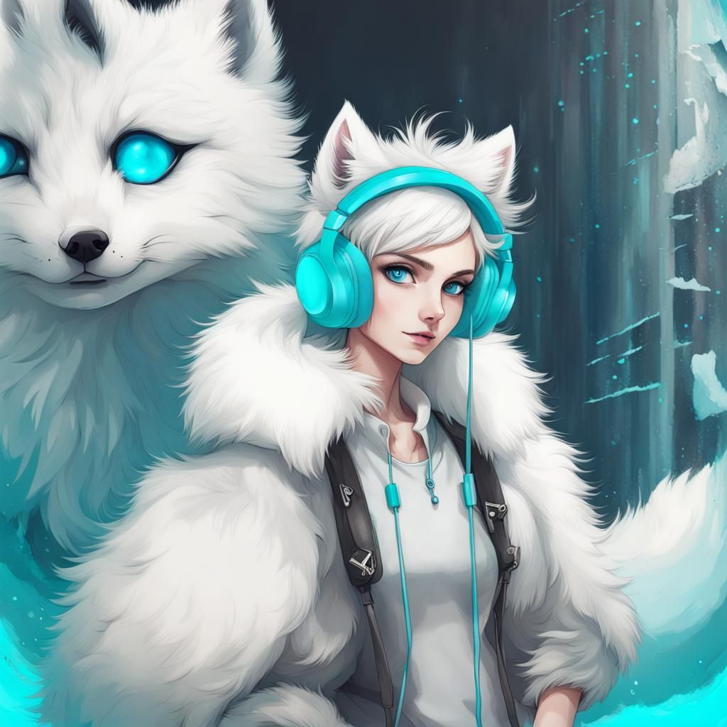 Arctic Fox Furry With Cyan Eyes Cyan Headphones Cyan Cross Earrings 