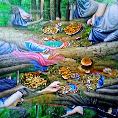 A communal meal in the forest, sharing nature's blessings. a...