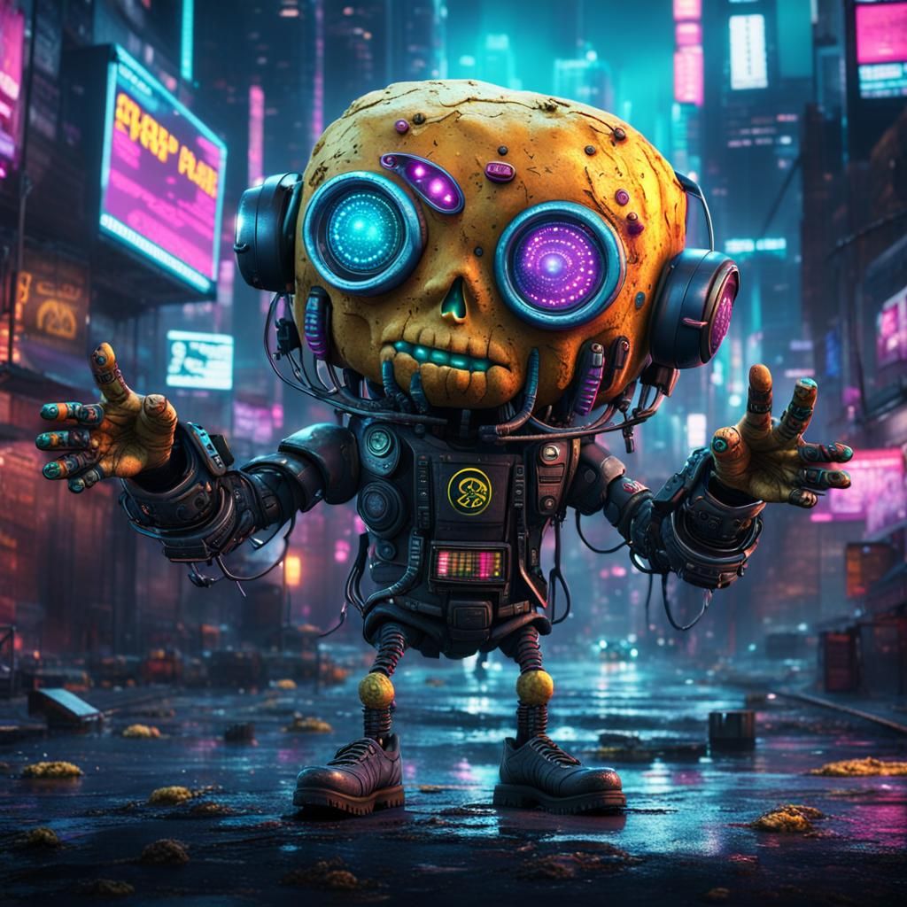 potato with face, arms and legs in cyber punk style