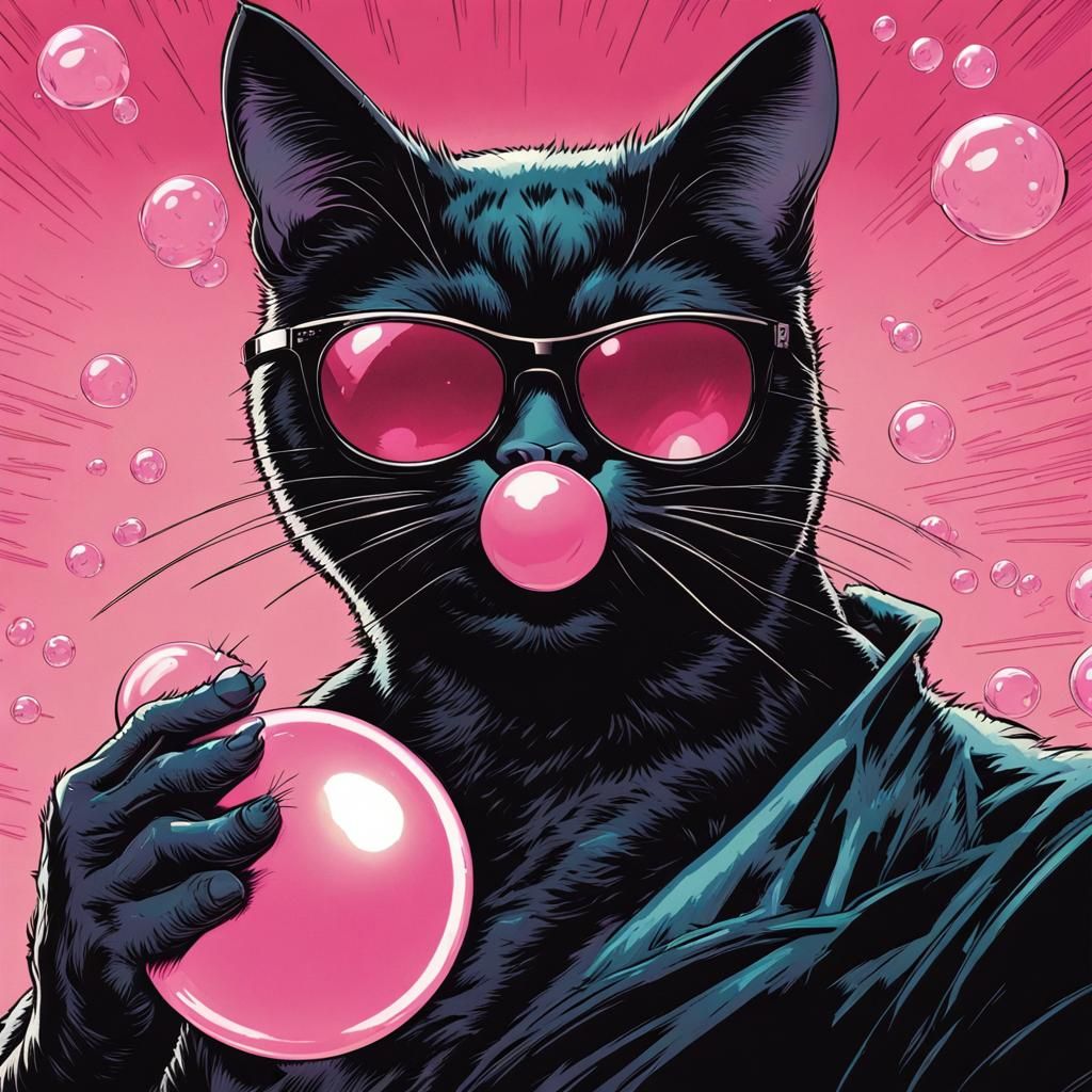 Black cat wearing sunglasses blowing a bubble gum bubble