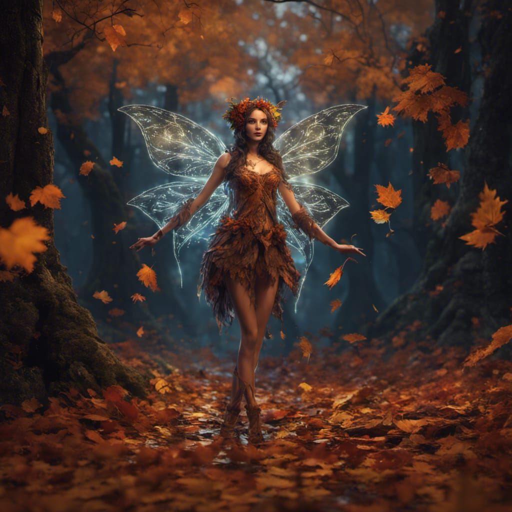 Autumn fairy at night in woods