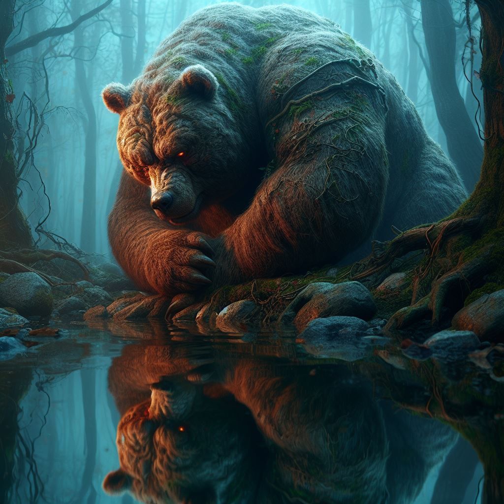 photograph: Snide sarcastic Obese Bear Hydromancer; looking down at his reflection; mythic forest twilight;
