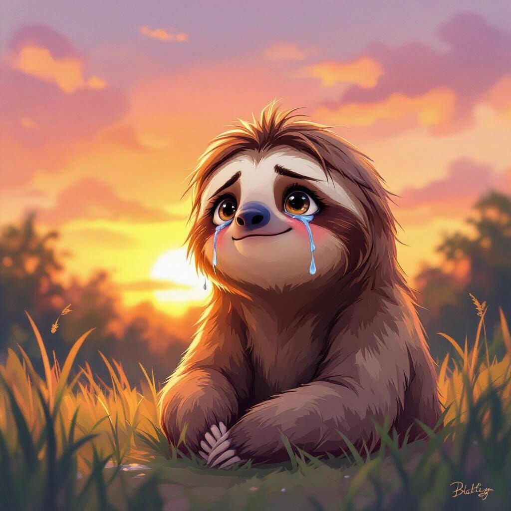 Tearful Sloth Girl Under Sunset Sky
