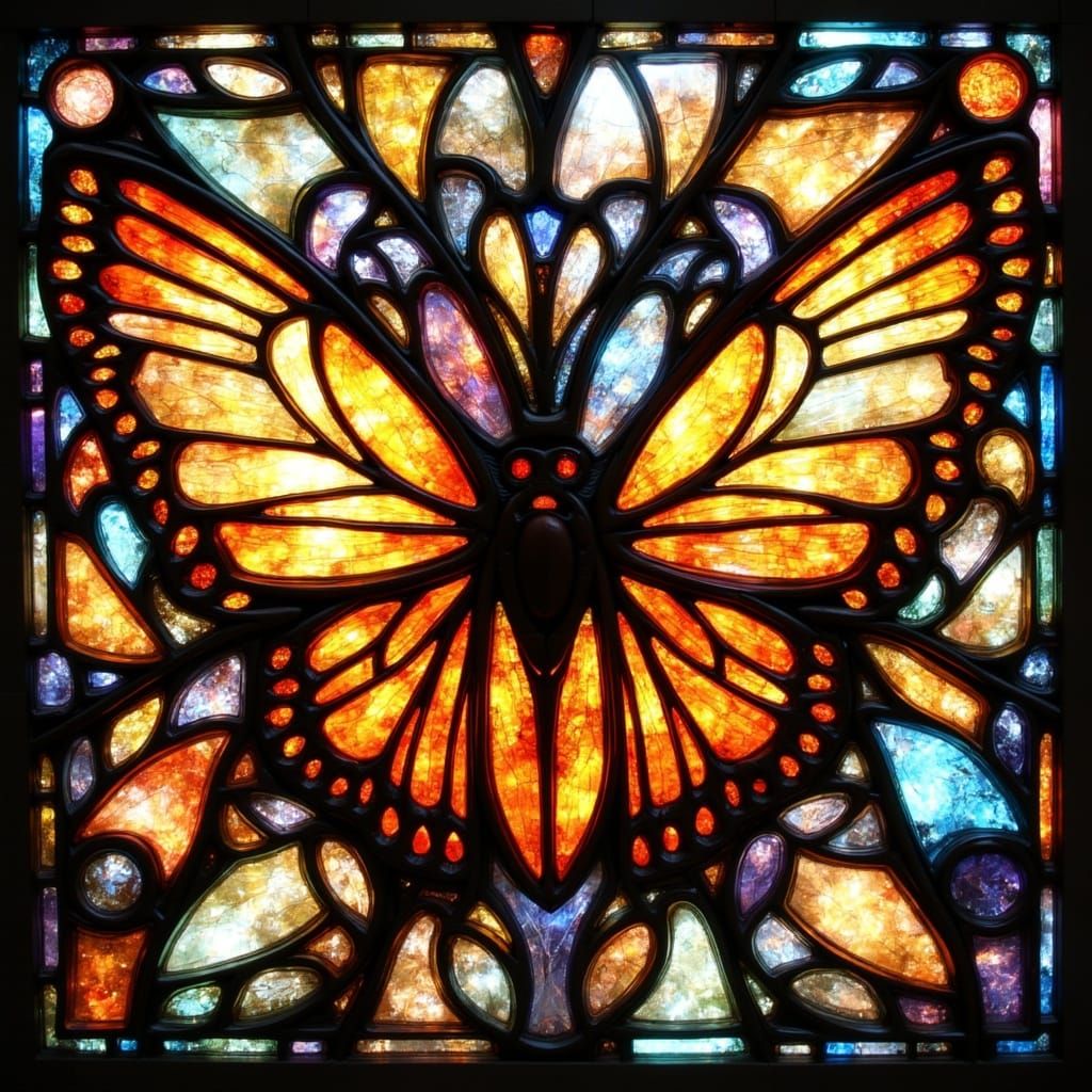 <lora:Stained Glass:1.0> Moth-beetles made of candied stained glass, designed with razor-thin filigree wings and honeycomb torsos, evoking ...