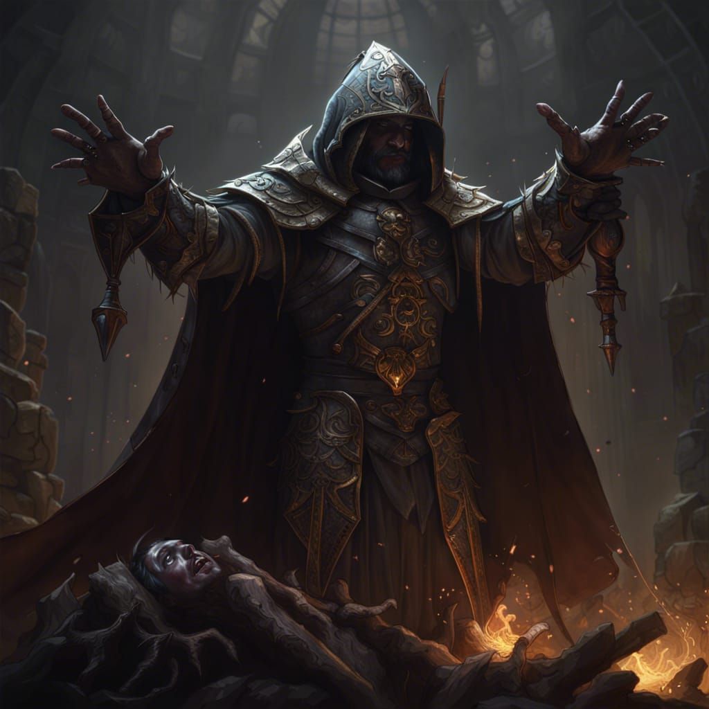 hooded holy paladin wearing banded mail standing on a dead d...