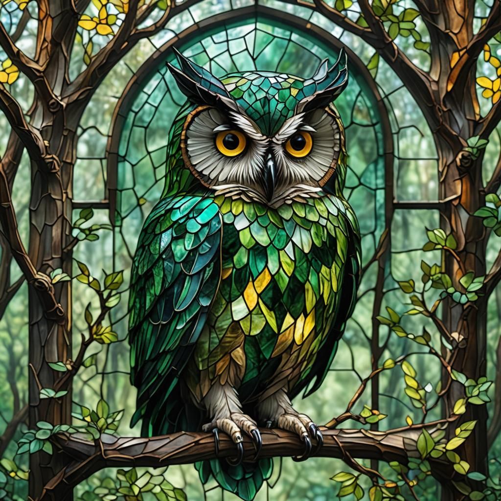 stained glass owl, in a glass green forest  by @Mila K