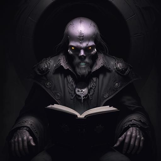 an old man reading a black leather bound tome, the skull vis...
