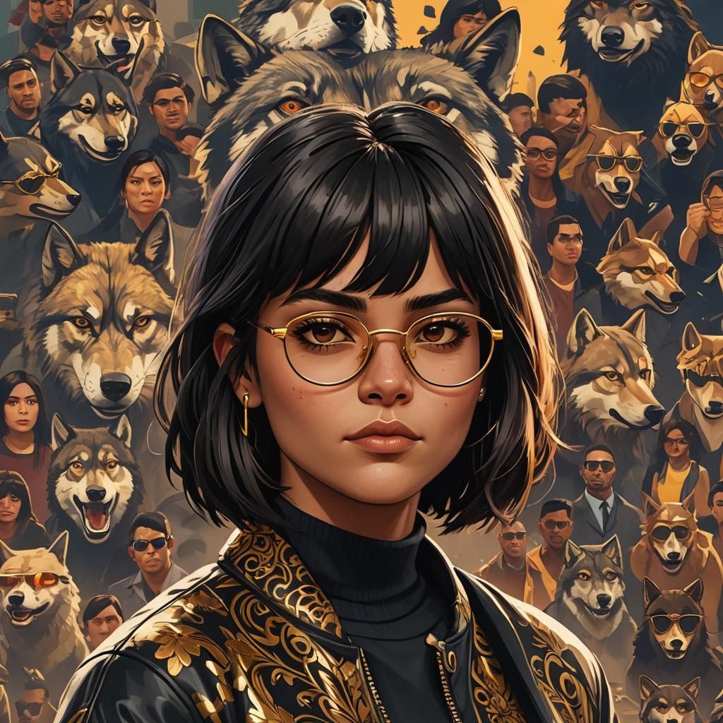 GTA character with GTA art style: female, black longish hair with bangs,  brown eyes and gold round glasses, wolf cut hairstyle - AI Generated  Artwork - NightCafe Creator