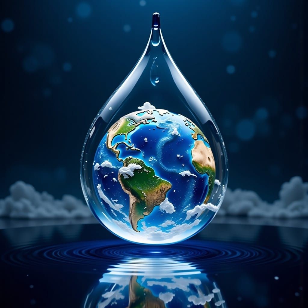 the earth inside a drop of water falling into a celestial lake <lora:Smooth Statues:1.0> 