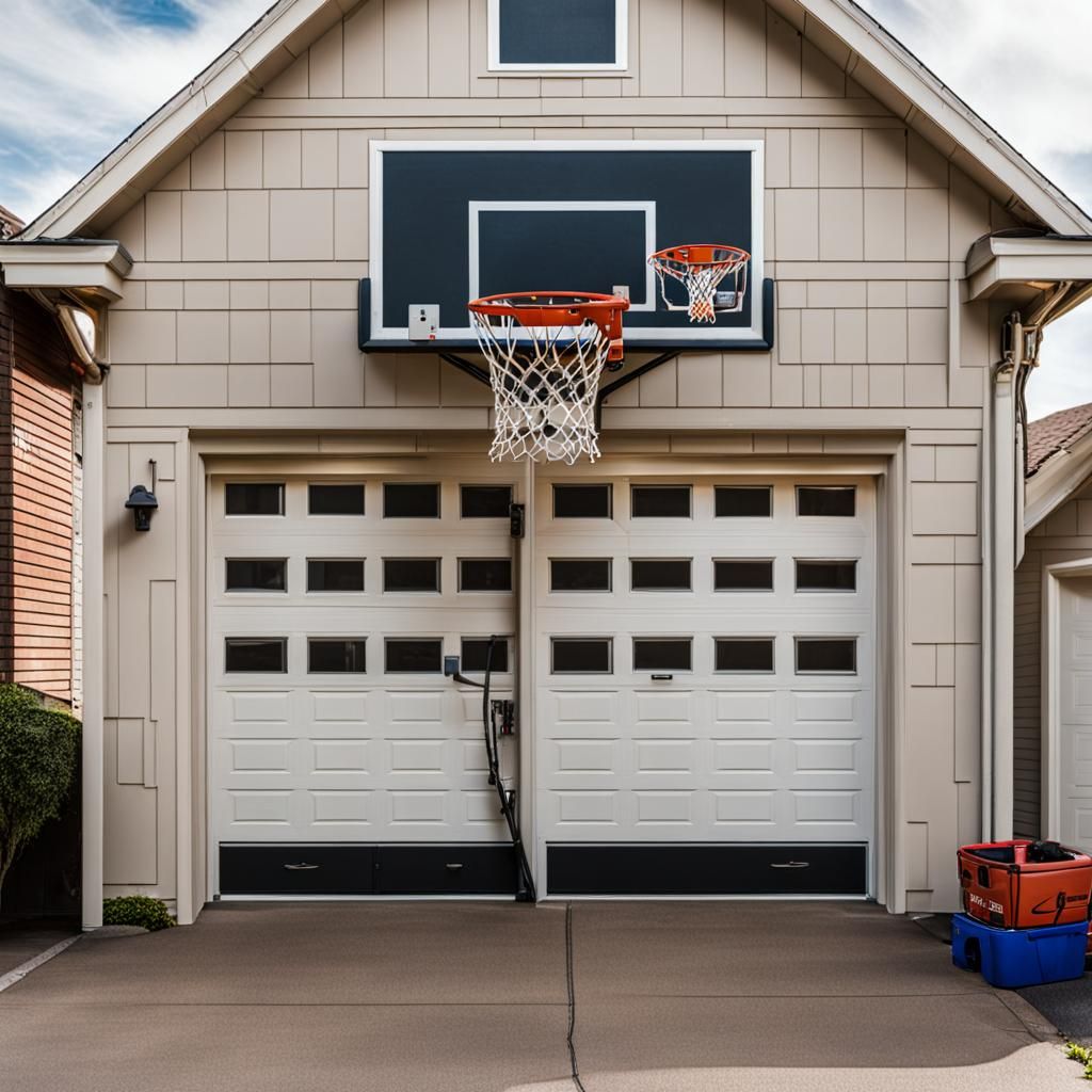 A basketball hoop hooked upabove a garage