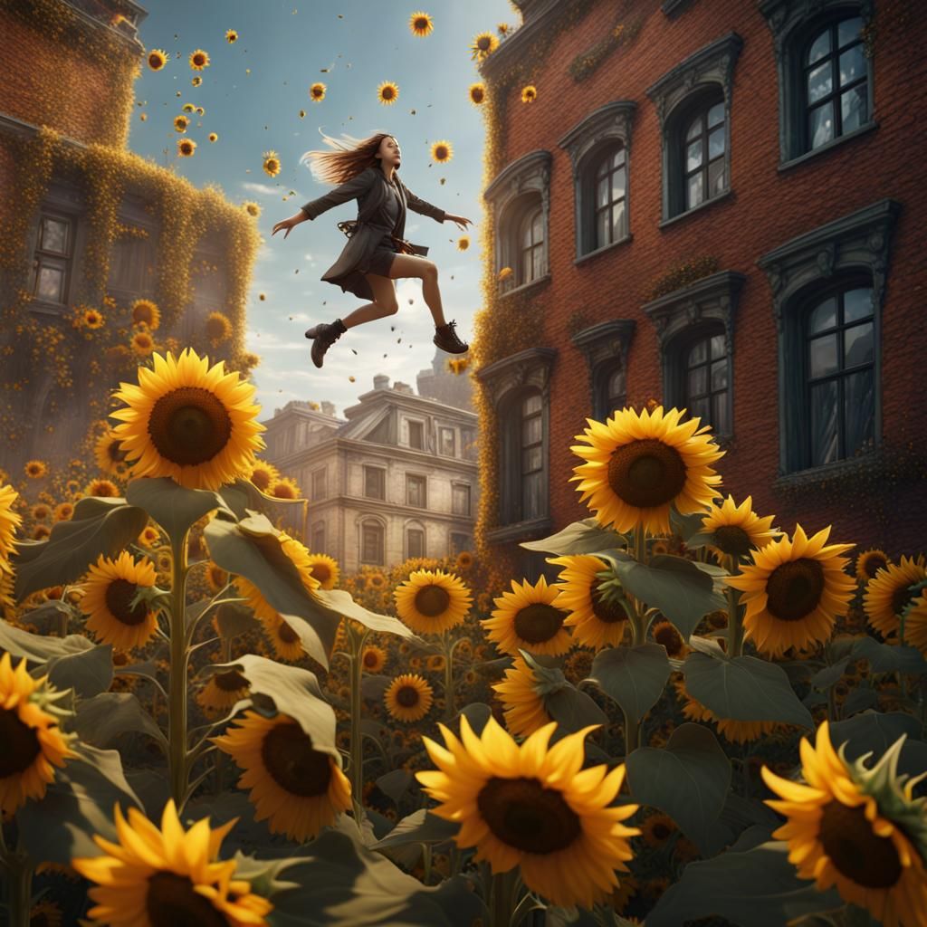 girl falling off building surrounded by sunflowers AI Generated