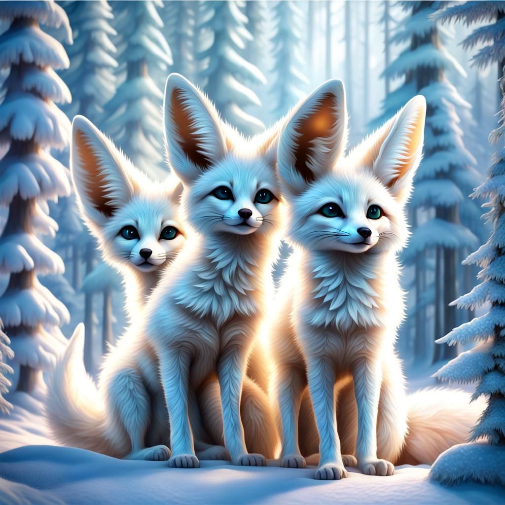 adorable Family of three fennec foxes, large sparkling ice webbed eyes ...