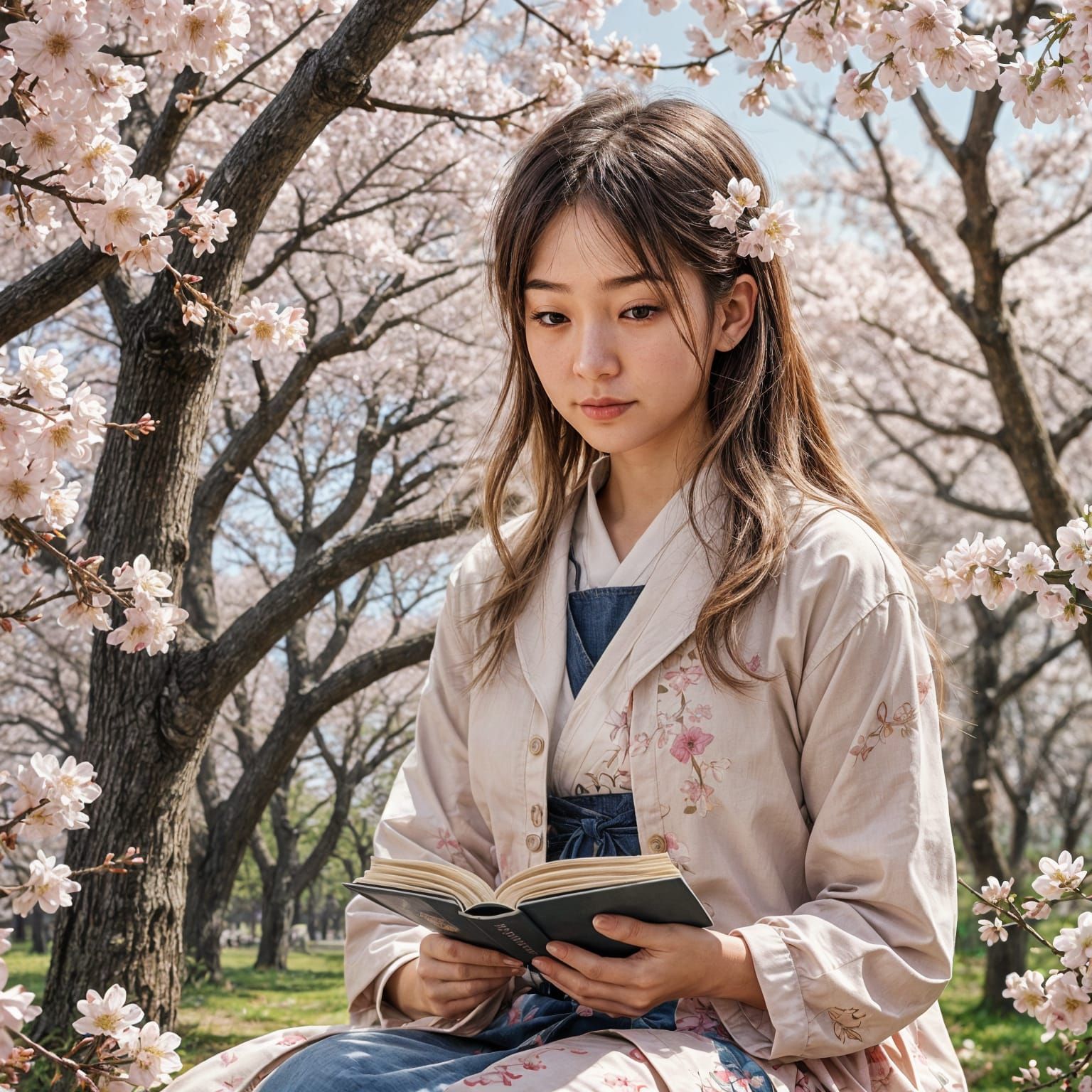 Japanese gaysher girl under a cherry blossom tree reading a ...