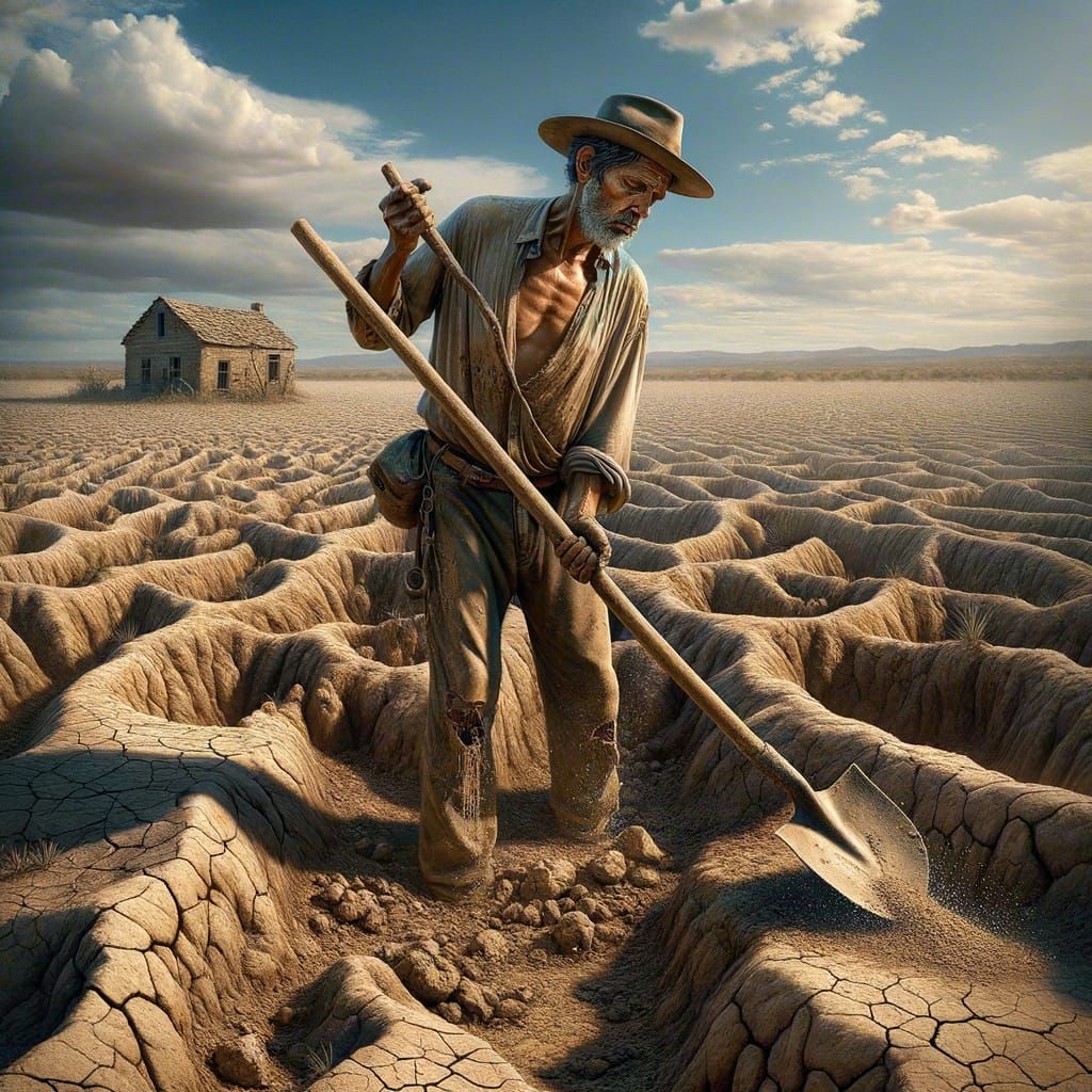 Man Toiling in Barren Landscape Under Harsh Sun
