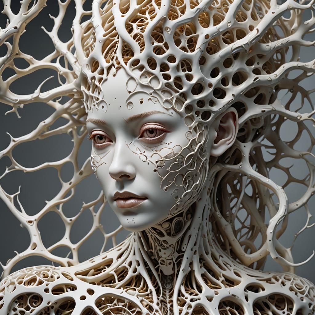 Biomechanical style sculpture, synthetic coral girl, organically molded ...