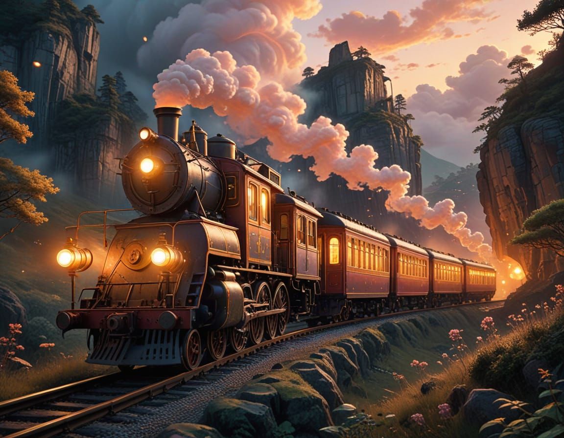 Dreamy Anime Train Chugs Through Fantastical Landscape