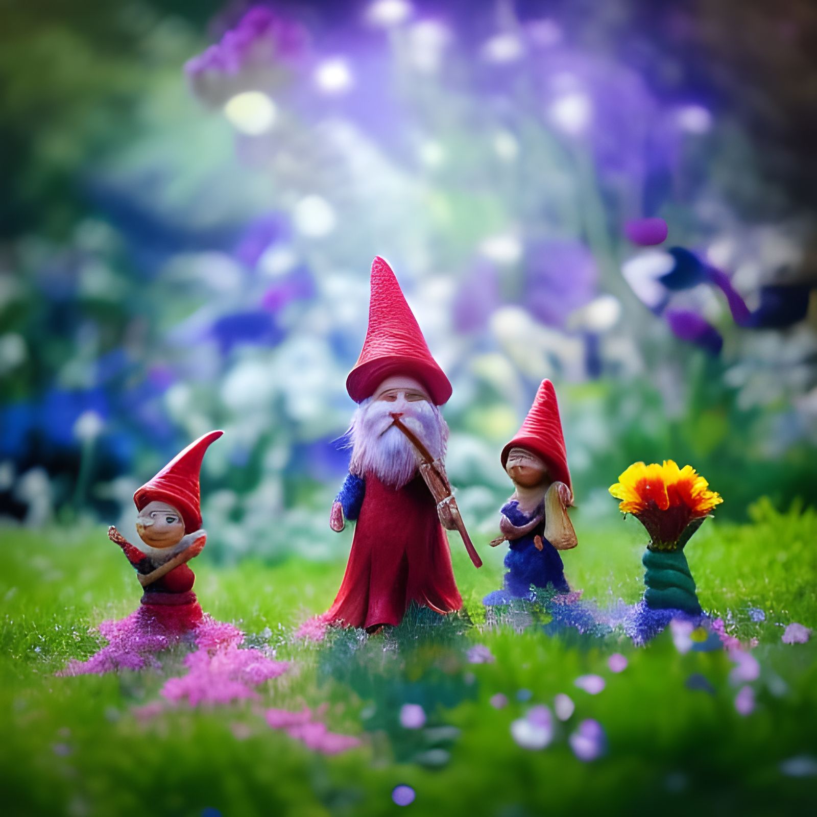 Elves, Gnomes, and Fairies playing in a flower garden, ethereal fantasy ...