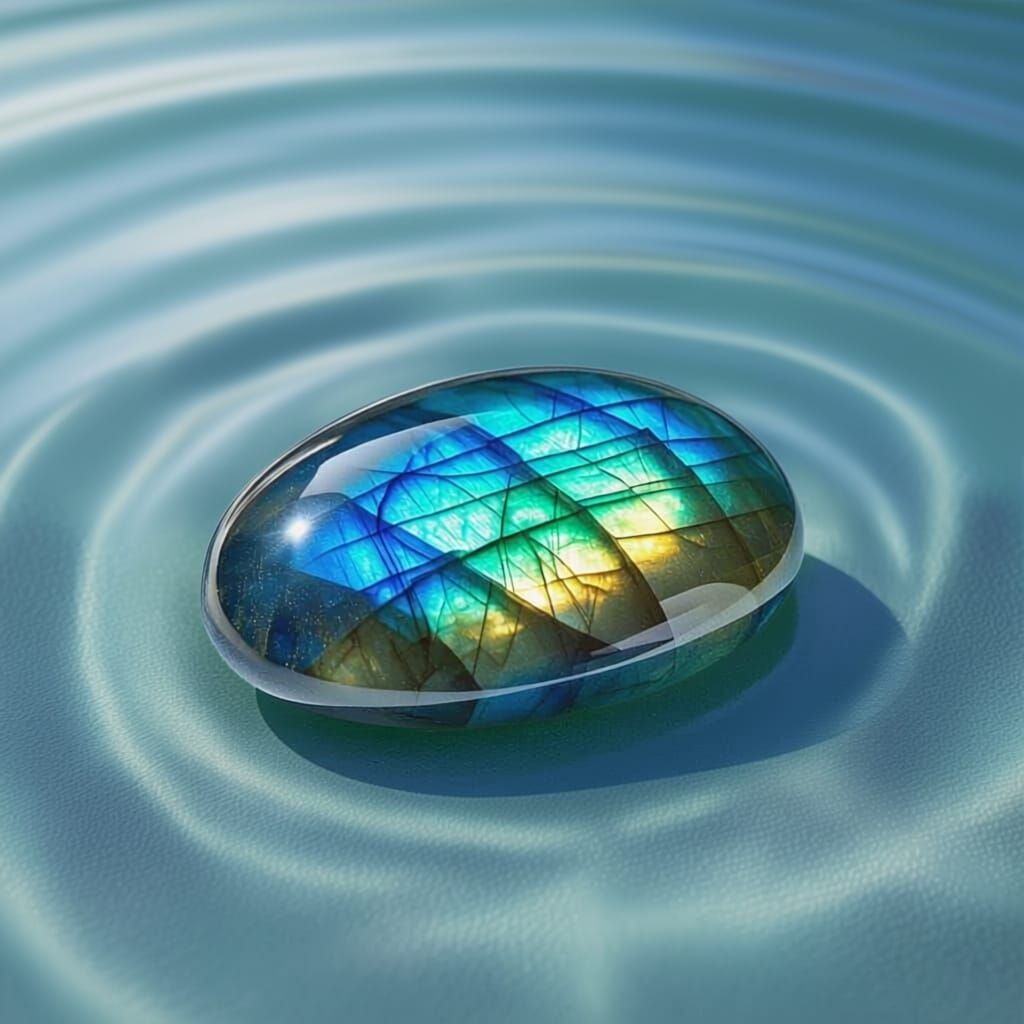 This image showcases a large, realistic Labradorite gemstone on a Zen-inspired background with soft shadows and organic shapes. The minimali...