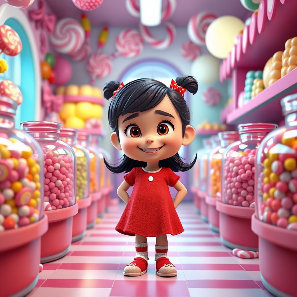 Mischievous Girl in Candy Store as 3D Art